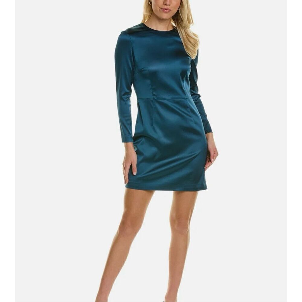 Theory Women’s 6 Satin Mini Evening Dress Deep Arctic Teal Long Sleeve Elegant